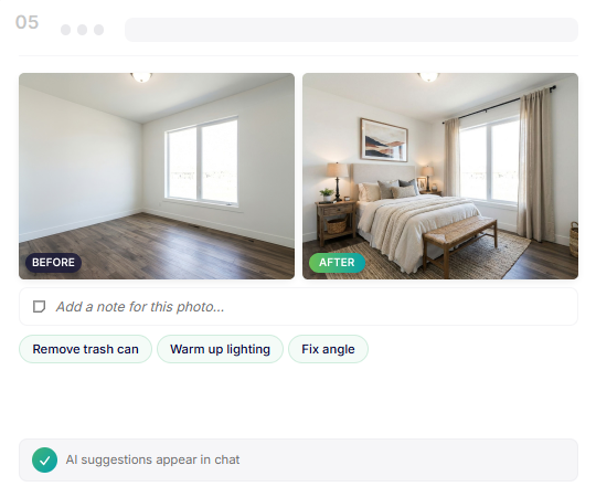 Review AI-edited listing photos and add notes before export